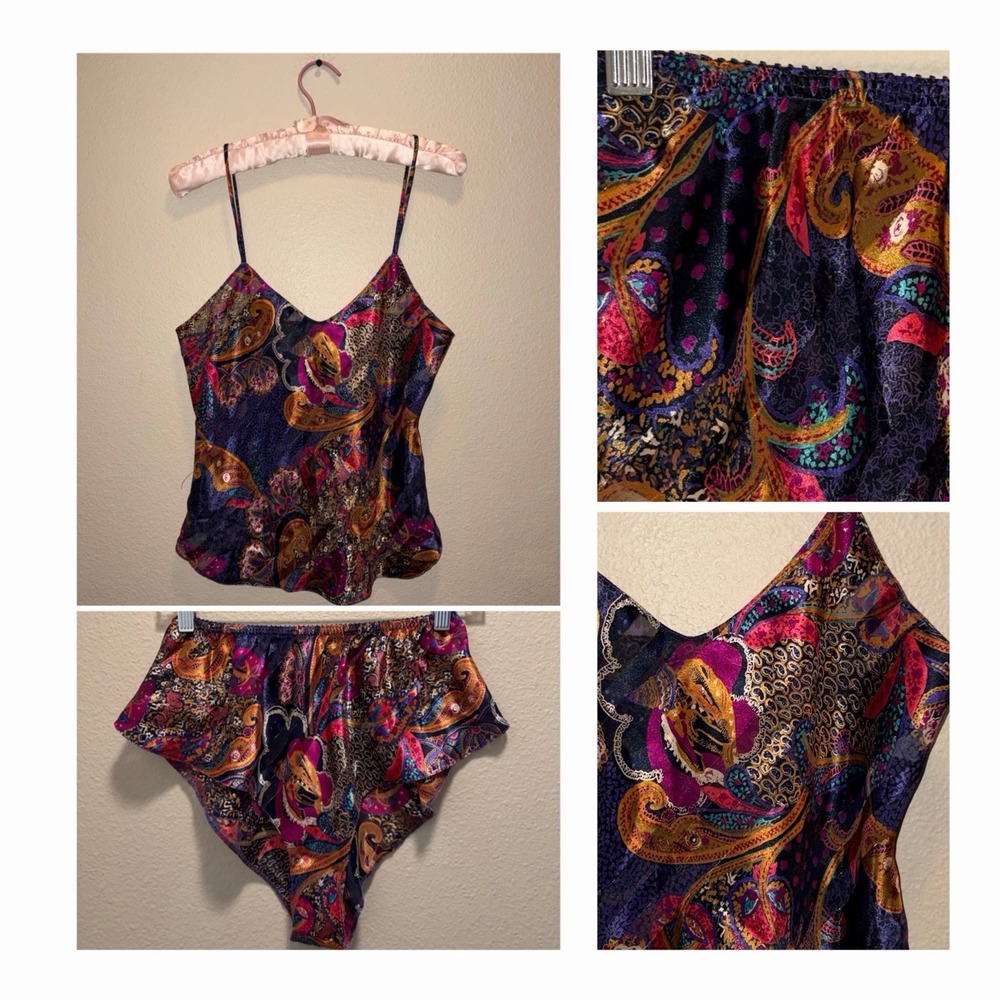 Vintage 80s 90s Deena purple paisley cami short set size 34 S Satin Jewel Tones